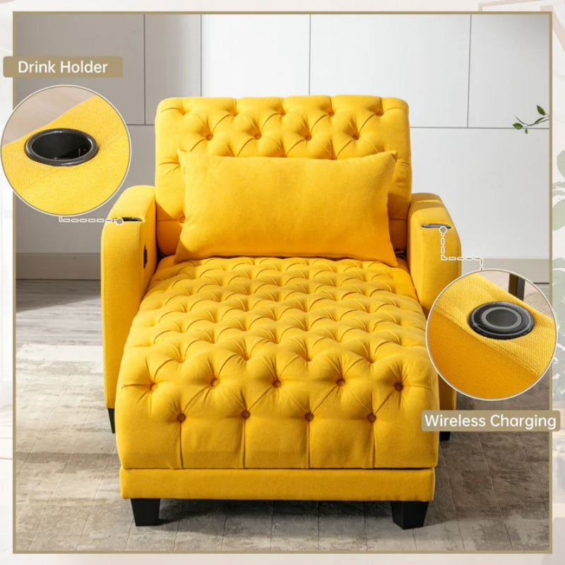 COOLMORE Multifunctional Living Room Leisure Chaise Lounge Barry Tufted Comfy Armchair Wireless Charging, Smooth Reclining Backrest & Lumbar Pillow for Home Apartment (Yellow linen)-海智集-Default-