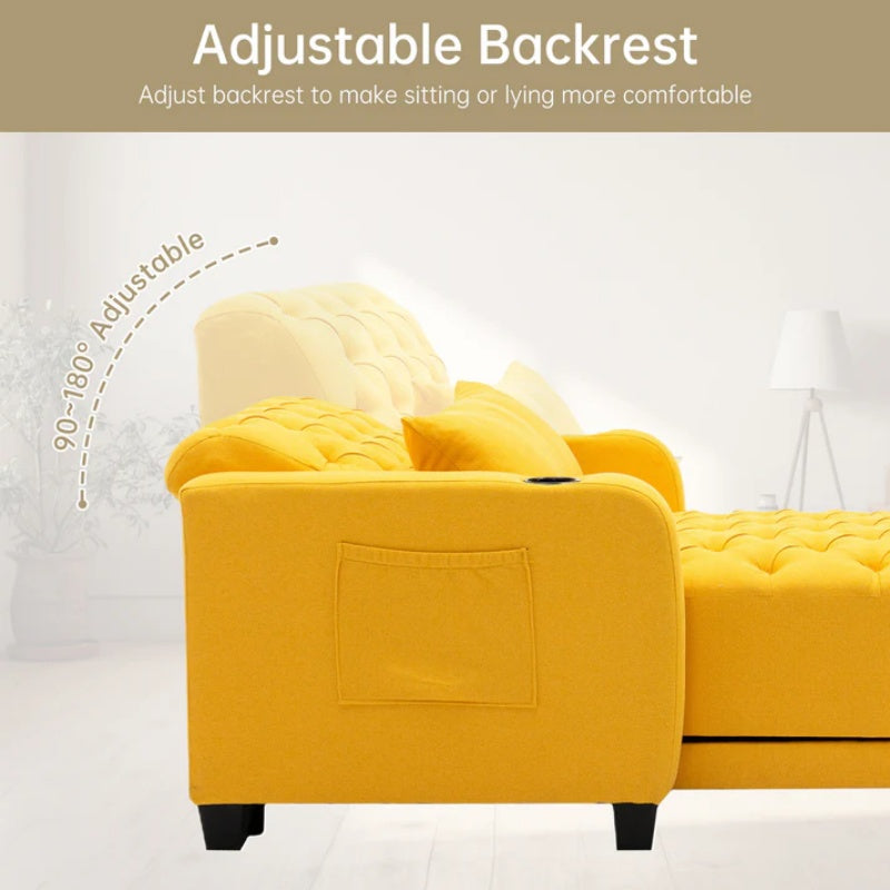 COOLMORE Multifunctional Living Room Leisure Chaise Lounge Barry Tufted Comfy Armchair Wireless Charging, Smooth Reclining Backrest & Lumbar Pillow for Home Apartment (Yellow linen)-海智集-Default-