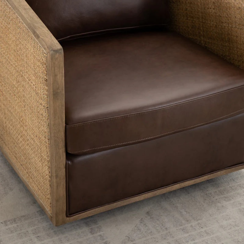 Swivel Barrel Chair, Comfy Round Accent Sofa Chair for Living Room, 360 Degree Swivel, Brown Boucle, Leather Upholstery-海智集-Default-