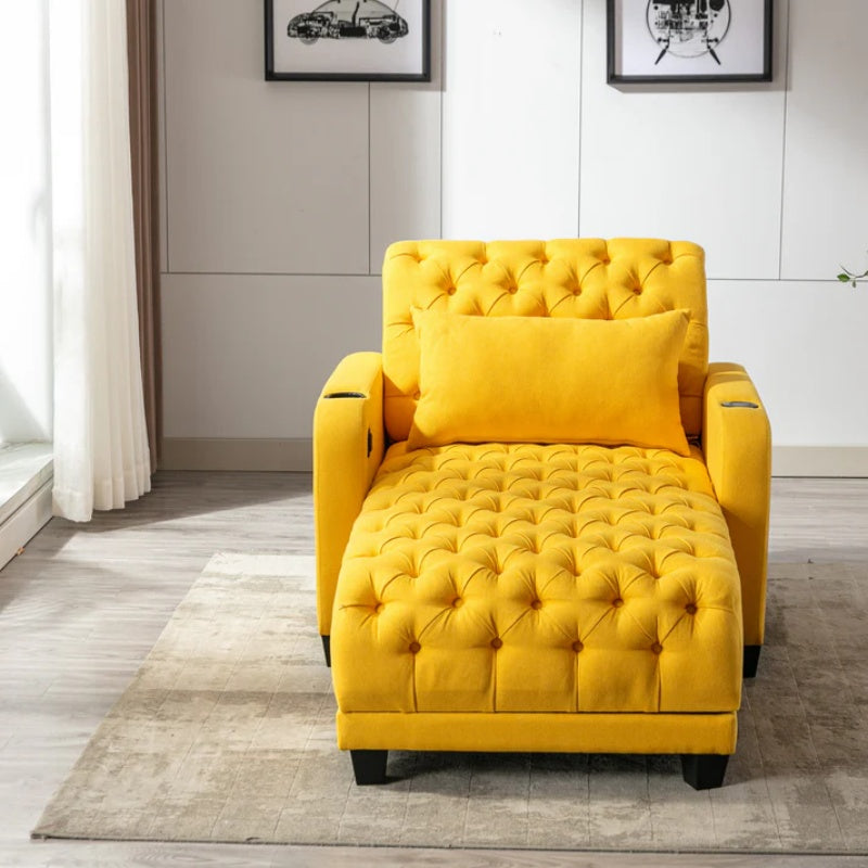 COOLMORE Multifunctional Living Room Leisure Chaise Lounge Barry Tufted Comfy Armchair Wireless Charging, Smooth Reclining Backrest & Lumbar Pillow for Home Apartment (Yellow linen)-海智集-Default-
