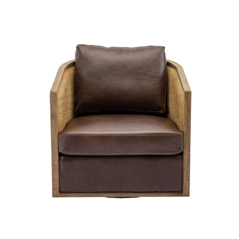 Swivel Barrel Chair, Comfy Round Accent Sofa Chair for Living Room, 360 Degree Swivel, Brown Boucle, Leather Upholstery-海智集-Default-