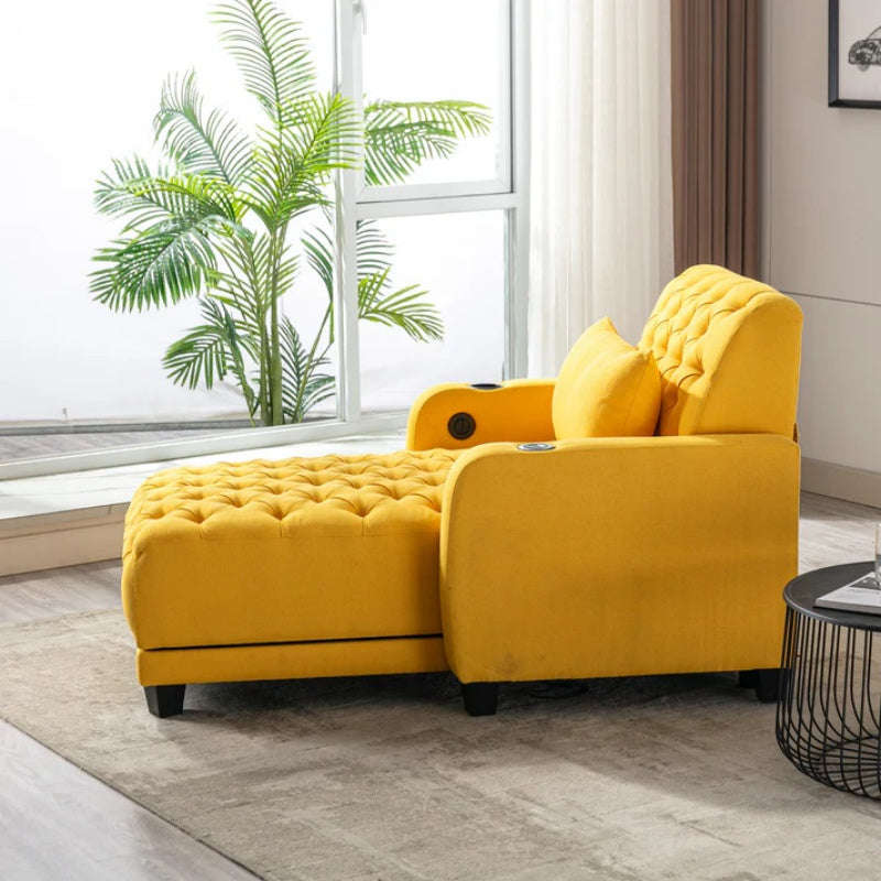 COOLMORE Multifunctional Living Room Leisure Chaise Lounge Barry Tufted Comfy Armchair Wireless Charging, Smooth Reclining Backrest & Lumbar Pillow for Home Apartment (Yellow linen)-海智集-Default-