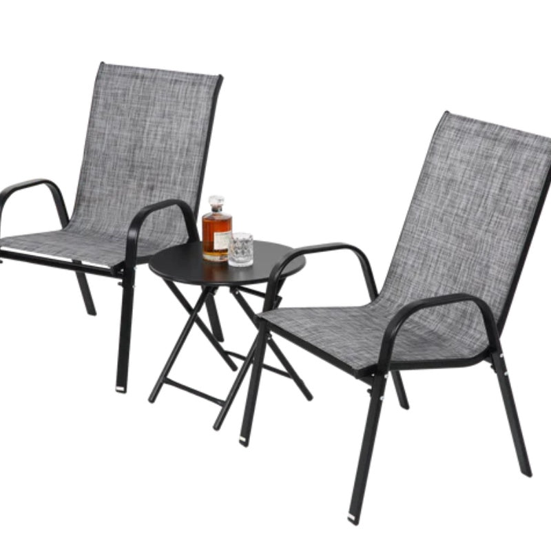 3 Piece Patio set, Outdoor Camping Chairs with Breathable Textilene Fabric, folding table with steel table top, 2chairs and 1table set ( Grey)-海智集-Default-