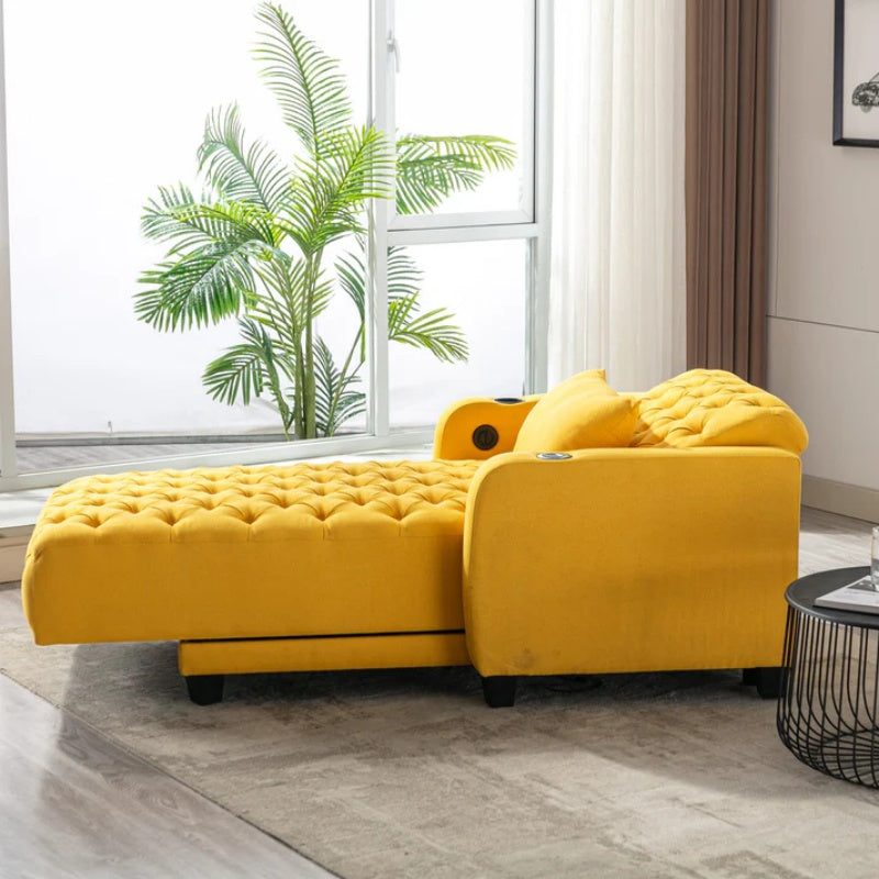 COOLMORE Multifunctional Living Room Leisure Chaise Lounge Barry Tufted Comfy Armchair Wireless Charging, Smooth Reclining Backrest & Lumbar Pillow for Home Apartment (Yellow linen)-海智集-Default-