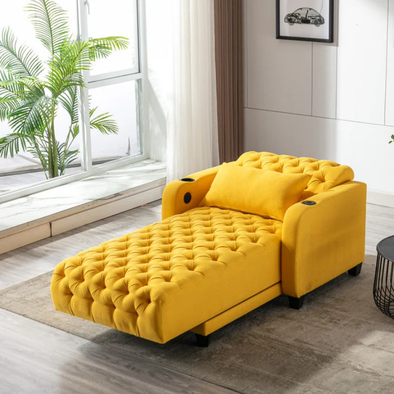 COOLMORE Multifunctional Living Room Leisure Chaise Lounge Barry Tufted Comfy Armchair Wireless Charging, Smooth Reclining Backrest & Lumbar Pillow for Home Apartment (Yellow linen)-海智集-Default-