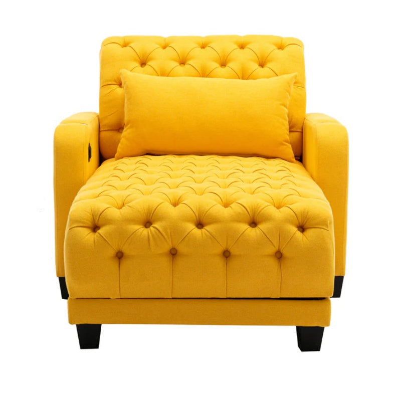 COOLMORE Multifunctional Living Room Leisure Chaise Lounge Barry Tufted Comfy Armchair Wireless Charging, Smooth Reclining Backrest & Lumbar Pillow for Home Apartment (Yellow linen)-海智集-Default-