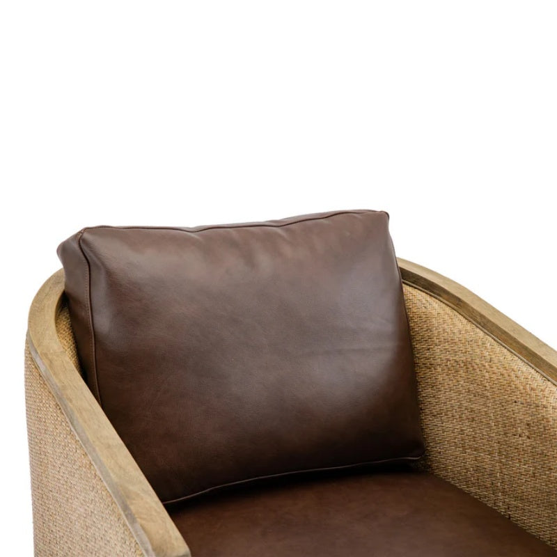Swivel Barrel Chair, Comfy Round Accent Sofa Chair for Living Room, 360 Degree Swivel, Brown Boucle, Leather Upholstery-海智集-Default-