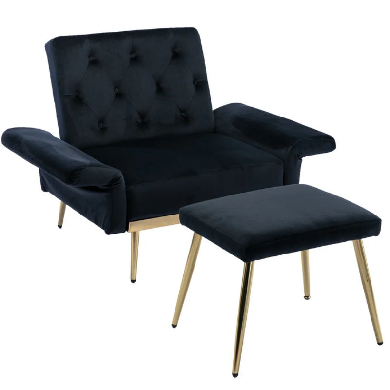 COOLMORE Velvet Accent Chair with Adjustable Armrests and Backrest, Button Tufted Lounge Chair, Single Recliner Armchair with Ottoman-海智集-Default-