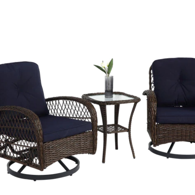 3 Pieces Outdoor Swivel Rocker Patio Chairs, 360 Degree Rocking Patio Conversation Set with Thickened Cushions and Glass Coffee Table for Backyard, Navy blue-海智集-Default-