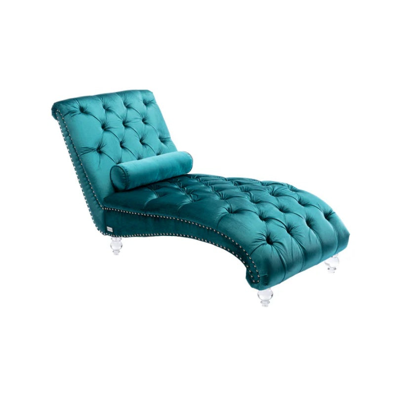 Velvet Chaise Lounge Indoor, Button-Tufted Upholstered Chaise Lounge Chair with Pillow, Teal Velvet, 63.38 inch-海智集-Default-
