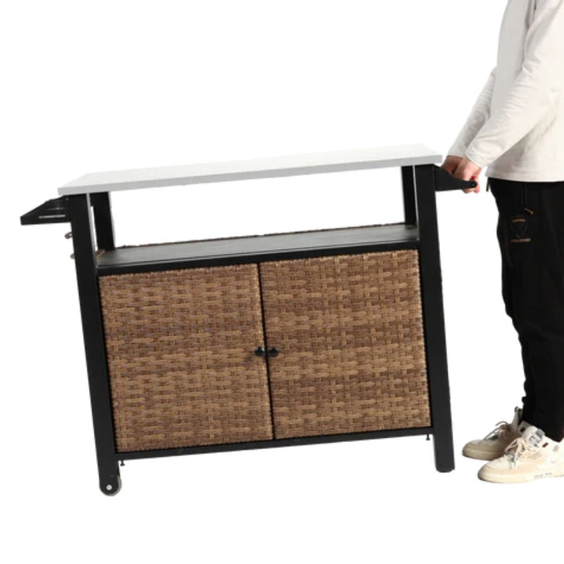 Outdoor Kitchen Wicker Island Rolling Cart & Storage Cabinet, Wheels and Stainless Steel Extended Table Top, Side Handle for Patio Kitchen or Bar Cart, Brown-海智集-Default-