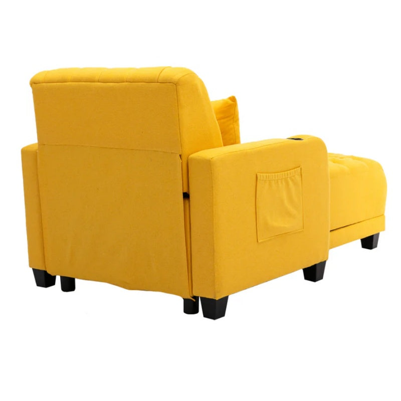 COOLMORE Multifunctional Living Room Leisure Chaise Lounge Barry Tufted Comfy Armchair Wireless Charging, Smooth Reclining Backrest & Lumbar Pillow for Home Apartment (Yellow linen)-海智集-Default-