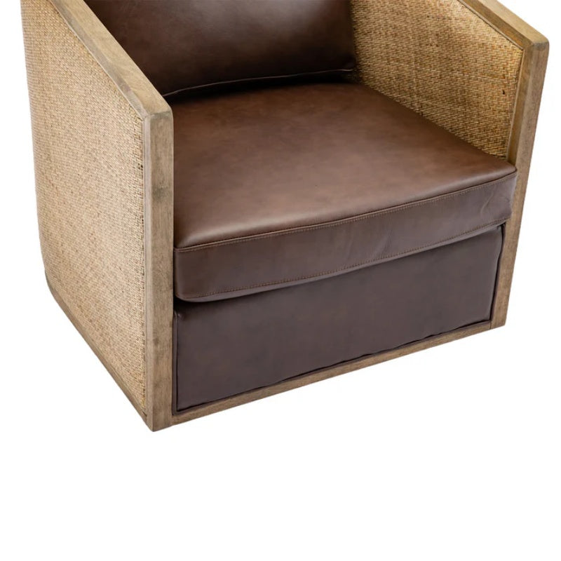 Swivel Barrel Chair, Comfy Round Accent Sofa Chair for Living Room, 360 Degree Swivel, Brown Boucle, Leather Upholstery-海智集-Default-