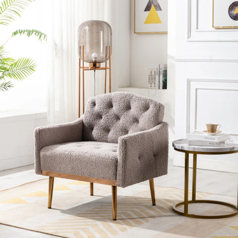 COOLMORE Modern Accent Chair with Arms, Tufted Decorative Fabric Armchair with Gold Metal Legs, Upholstered Reading Chair for Living Room Bedroom Office (Grey Teddy)-海智集-Default-