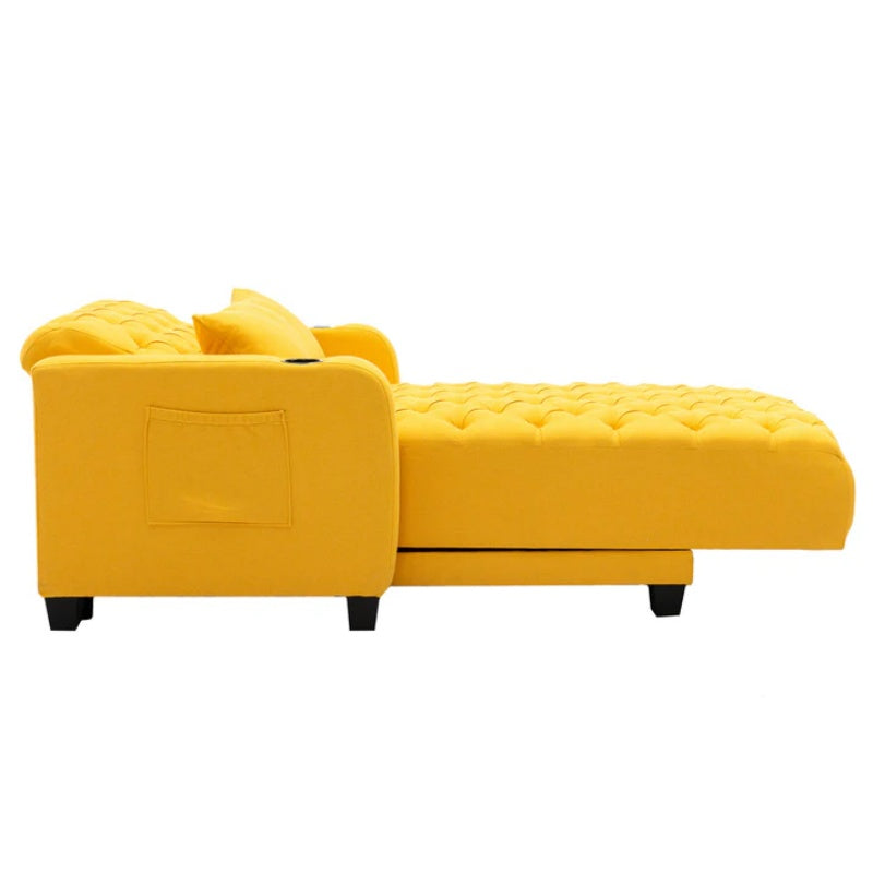 COOLMORE Multifunctional Living Room Leisure Chaise Lounge Barry Tufted Comfy Armchair Wireless Charging, Smooth Reclining Backrest & Lumbar Pillow for Home Apartment (Yellow linen)-海智集-Default-