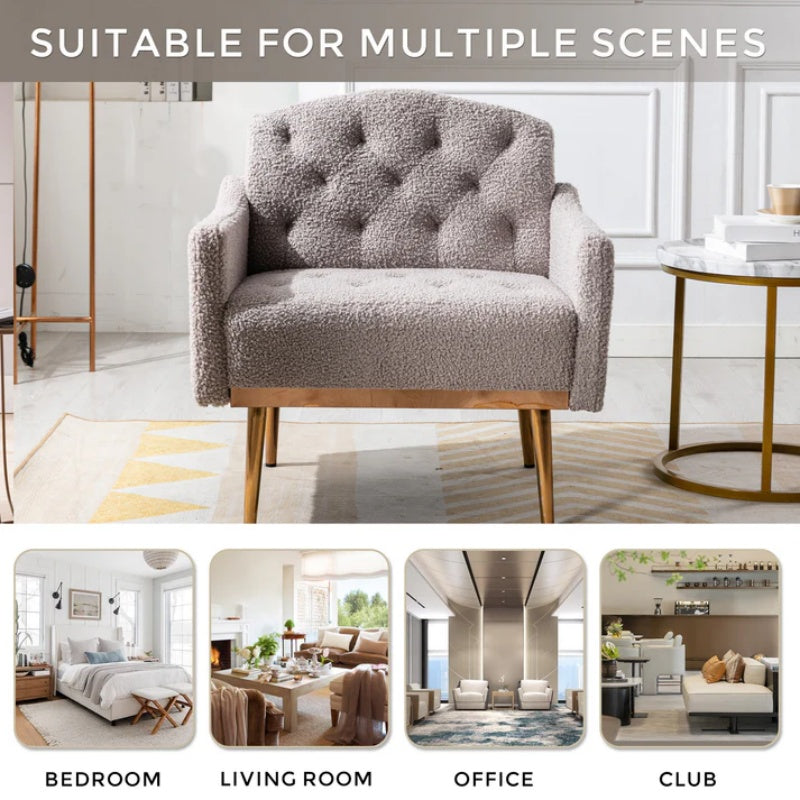 COOLMORE Modern Accent Chair with Arms, Tufted Decorative Fabric Armchair with Gold Metal Legs, Upholstered Reading Chair for Living Room Bedroom Office (Grey Teddy)-海智集-Default-
