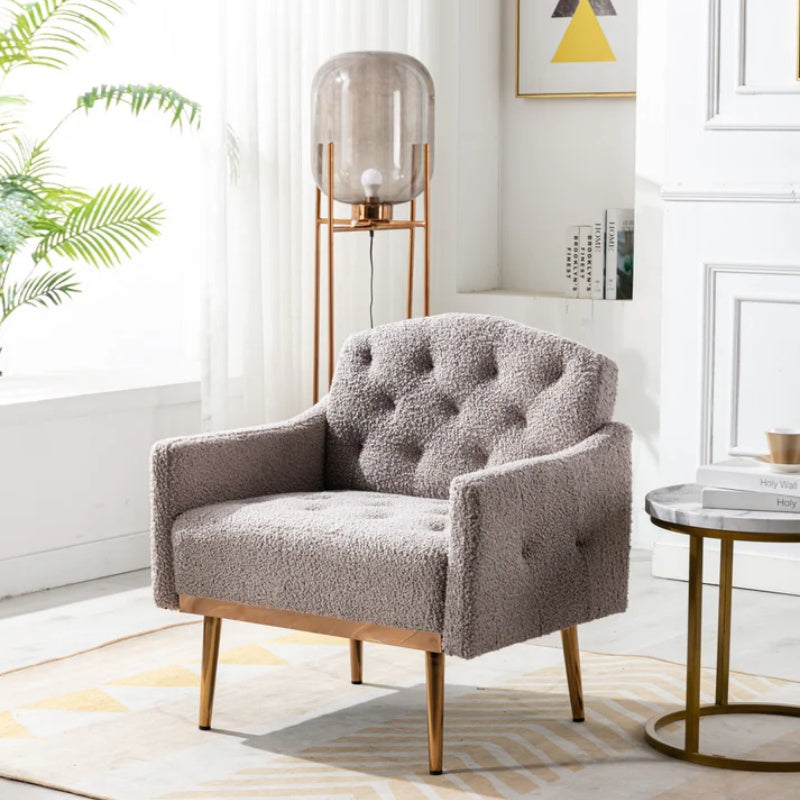 COOLMORE Modern Accent Chair with Arms, Tufted Decorative Fabric Armchair with Gold Metal Legs, Upholstered Reading Chair for Living Room Bedroom Office (Grey Teddy)-海智集-Default-