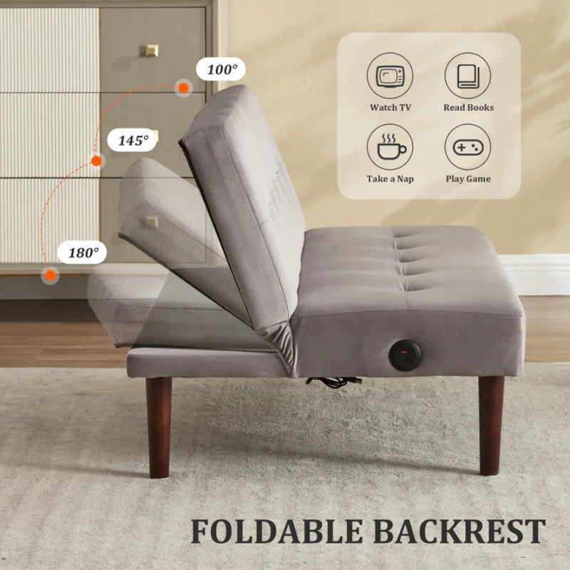 Foldable Fashion Sofa Bed High End Flannel Fabric Back Adjustable Sofa Recliner Futon, Modern Fashion Sofa with Charging Port, Suitable for Living Room Bedroom Office (Gray)-海智集-Default-
