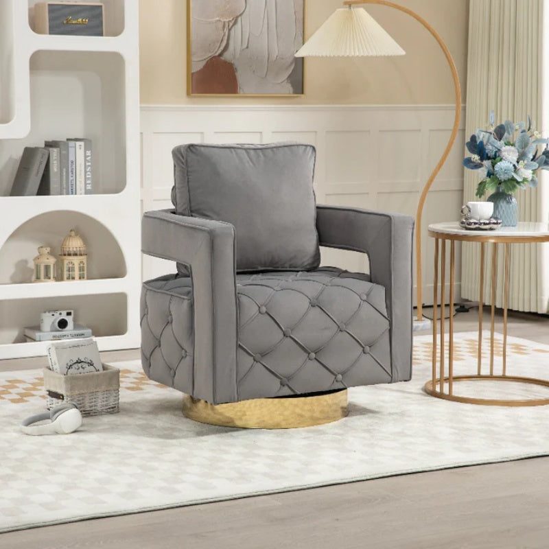 Swivel Accent Chair - Modern Accent Chair with Pillow, Velvet Armchair Side Chair with Tufted Button for Living Room, Bedroom, Office(Gray)-海智集-Default-