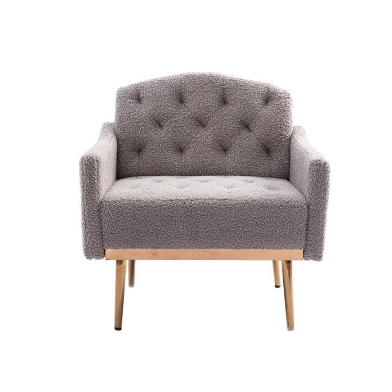 COOLMORE Modern Accent Chair with Arms, Tufted Decorative Fabric Armchair with Gold Metal Legs, Upholstered Reading Chair for Living Room Bedroom Office (Grey Teddy)-海智集-Default-