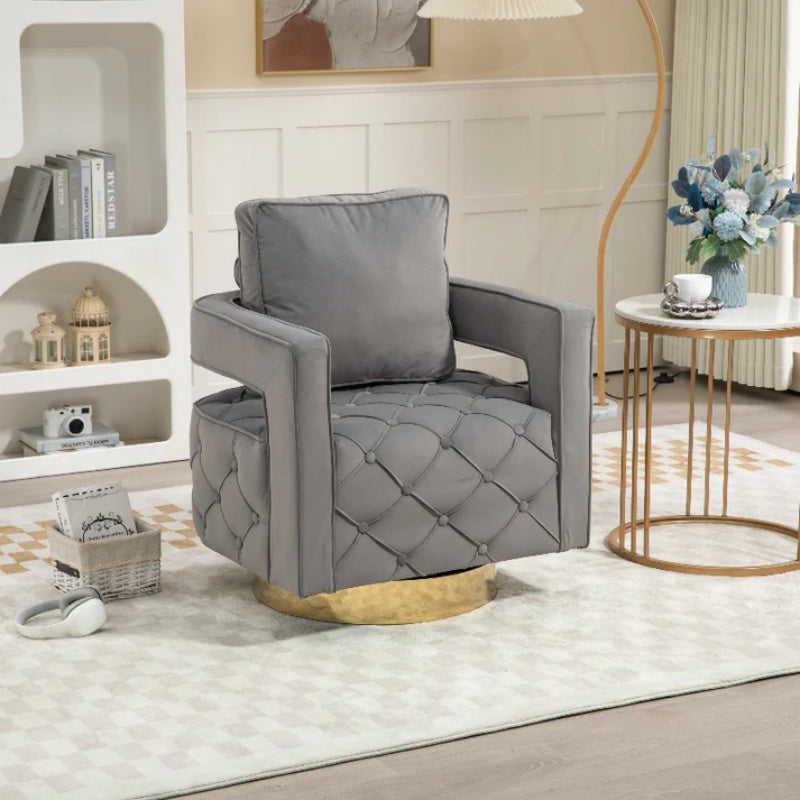 Swivel Accent Chair - Modern Accent Chair with Pillow, Velvet Armchair Side Chair with Tufted Button for Living Room, Bedroom, Office(Gray)-海智集-Default-