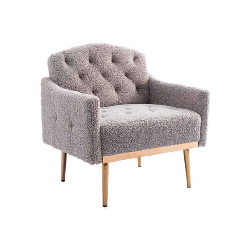 COOLMORE Modern Accent Chair with Arms, Tufted Decorative Fabric Armchair with Gold Metal Legs, Upholstered Reading Chair for Living Room Bedroom Office (Grey Teddy)-海智集-Default-