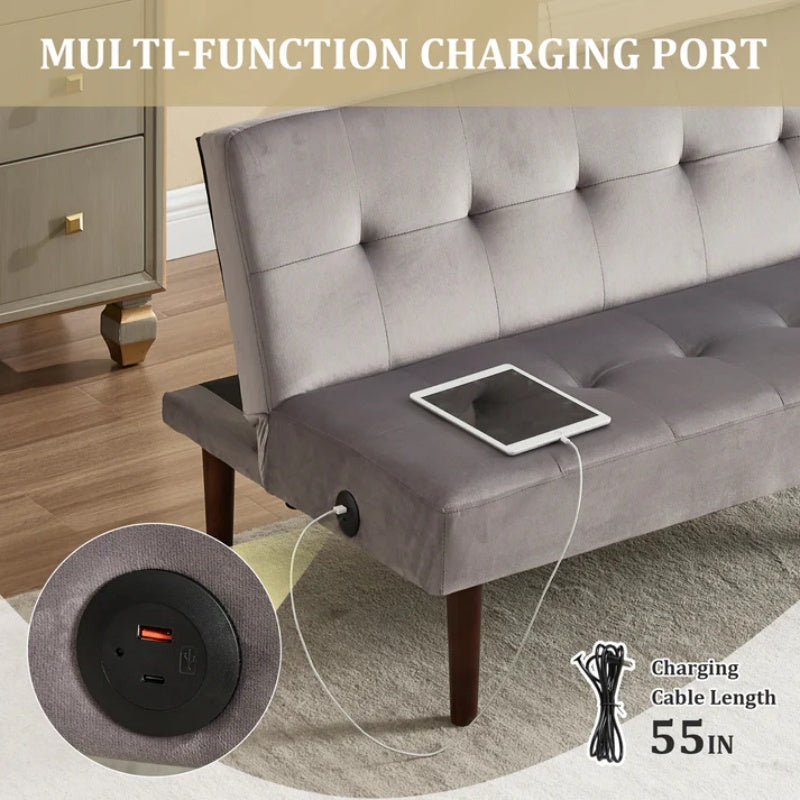 Foldable Fashion Sofa Bed High End Flannel Fabric Back Adjustable Sofa Recliner Futon, Modern Fashion Sofa with Charging Port, Suitable for Living Room Bedroom Office (Gray)-海智集-Default-