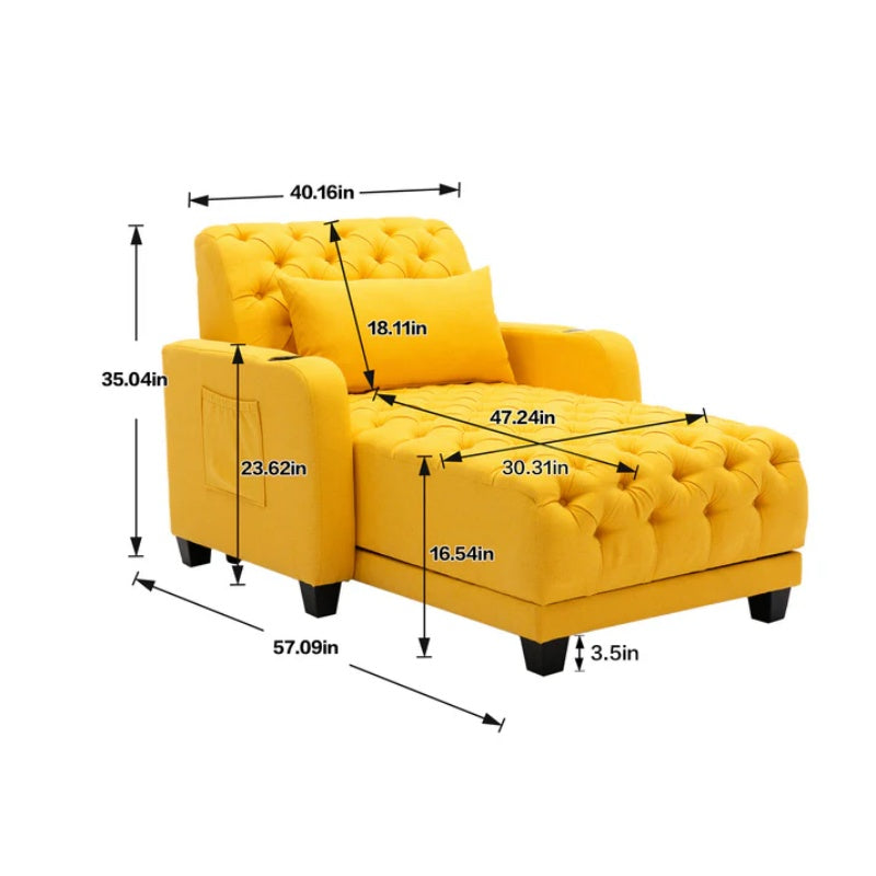 COOLMORE Multifunctional Living Room Leisure Chaise Lounge Barry Tufted Comfy Armchair Wireless Charging, Smooth Reclining Backrest & Lumbar Pillow for Home Apartment (Yellow linen)-海智集-Default-