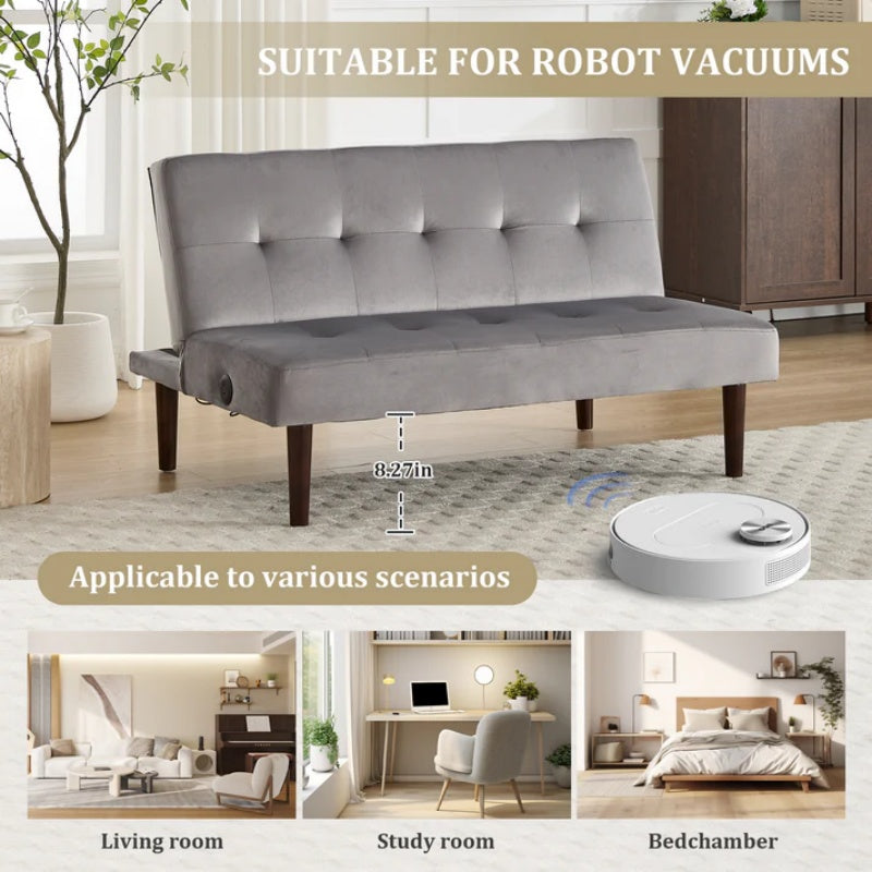 Foldable Fashion Sofa Bed High End Flannel Fabric Back Adjustable Sofa Recliner Futon, Modern Fashion Sofa with Charging Port, Suitable for Living Room Bedroom Office (Gray)-海智集-Default-