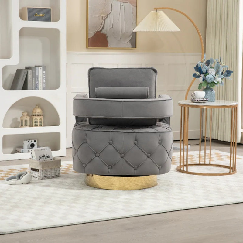 Swivel Accent Chair - Modern Accent Chair with Pillow, Velvet Armchair Side Chair with Tufted Button for Living Room, Bedroom, Office(Gray)-海智集-Default-