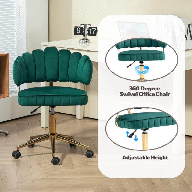 Velvet Home Office Desk Chair, Modern Cute Computer Chair, Wheels Swivel Height Adjustable Task Chair, Emerald Velvet-海智集-Default-
