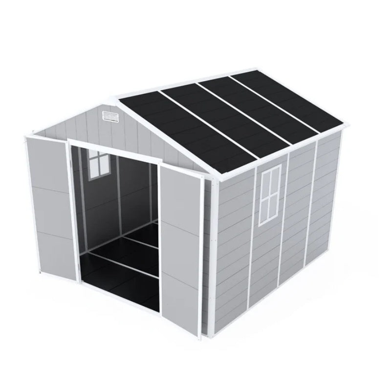 Campcraft 8*8ft resin storage shed, high quality pp material, strong structure, waterproof, rust and UV proof, large storage space, 12mm thick pp board, HD window lighting-海智集-Default-