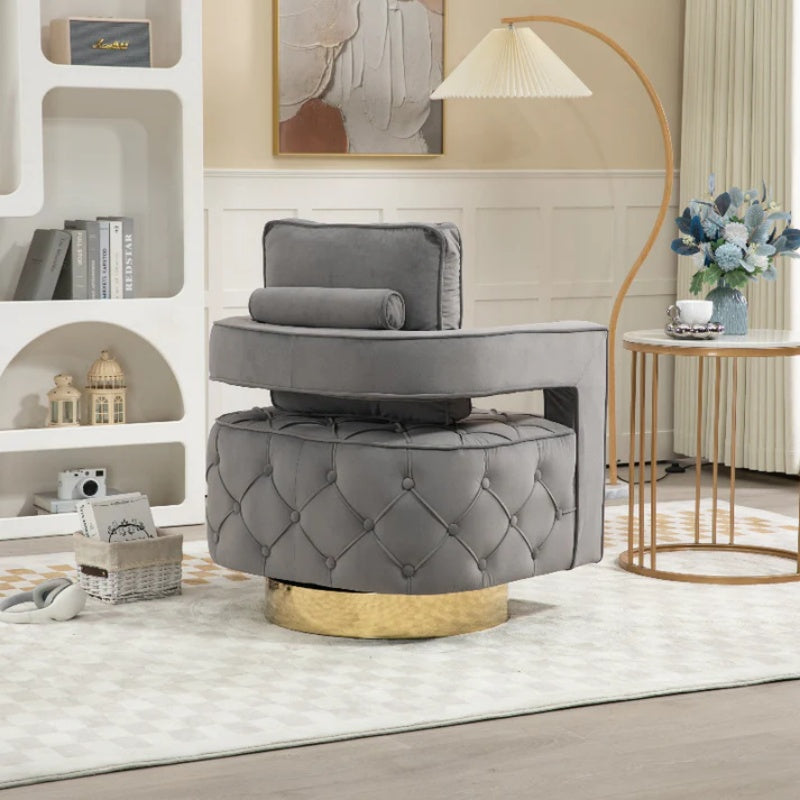 Swivel Accent Chair - Modern Accent Chair with Pillow, Velvet Armchair Side Chair with Tufted Button for Living Room, Bedroom, Office(Gray)-海智集-Default-