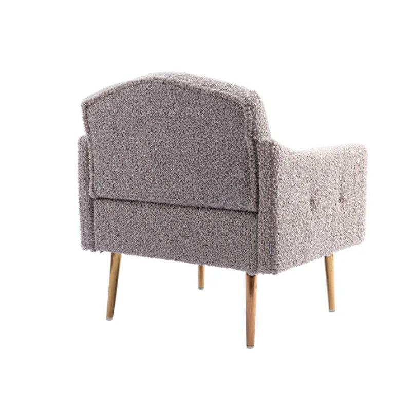 COOLMORE Modern Accent Chair with Arms, Tufted Decorative Fabric Armchair with Gold Metal Legs, Upholstered Reading Chair for Living Room Bedroom Office (Grey Teddy)-海智集-Default-