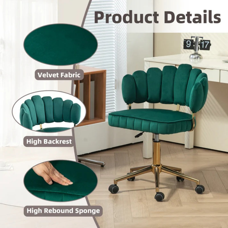 Velvet Home Office Desk Chair, Modern Cute Computer Chair, Wheels Swivel Height Adjustable Task Chair, Emerald Velvet-海智集-Default-