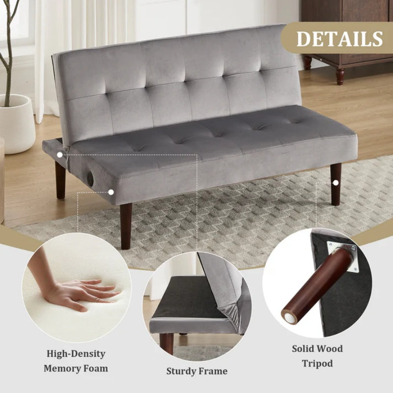 Foldable Fashion Sofa Bed High End Flannel Fabric Back Adjustable Sofa Recliner Futon, Modern Fashion Sofa with Charging Port, Suitable for Living Room Bedroom Office (Gray)-海智集-Default-