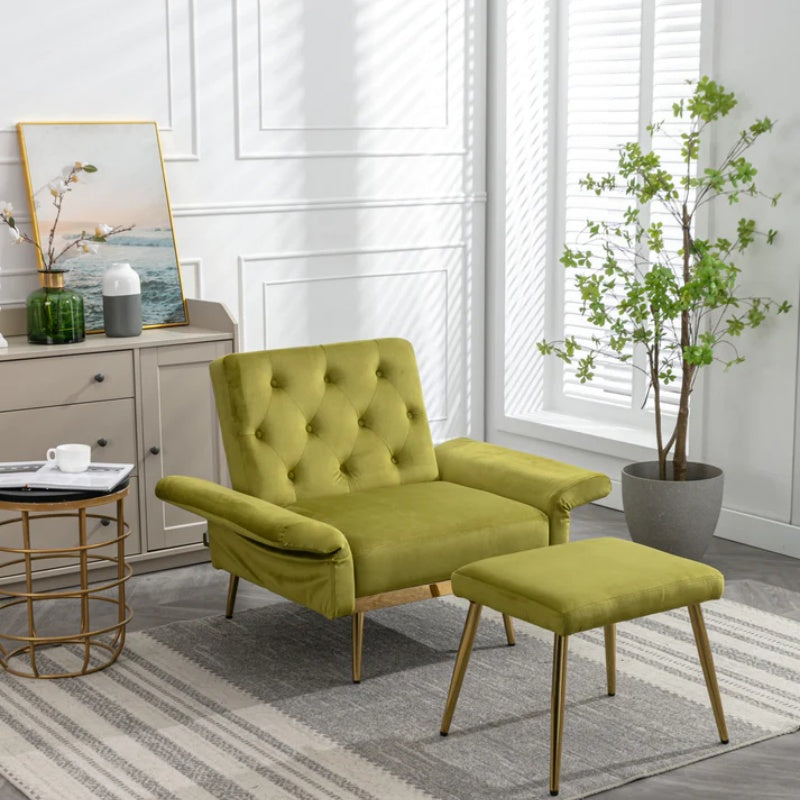 COOLMORE Velvet Accent Chair with Adjustable Armrests and Backrest, Button Tufted Lounge Chair, Single Recliner Armchair with Ottoman-海智集-Default-