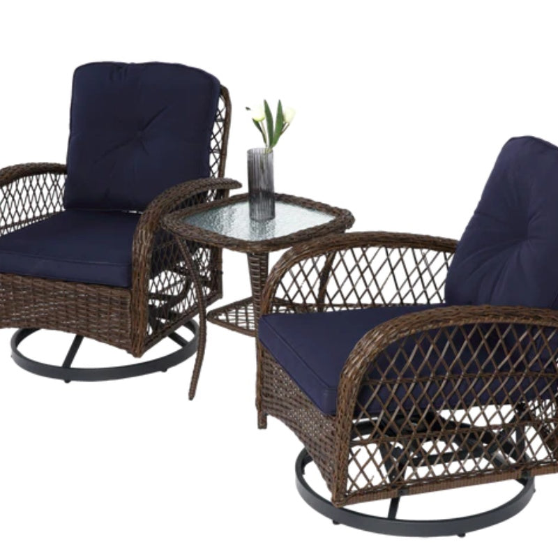 3 Pieces Outdoor Swivel Rocker Patio Chairs, 360 Degree Rocking Patio Conversation Set with Thickened Cushions and Glass Coffee Table for Backyard, Navy blue-海智集-Default-