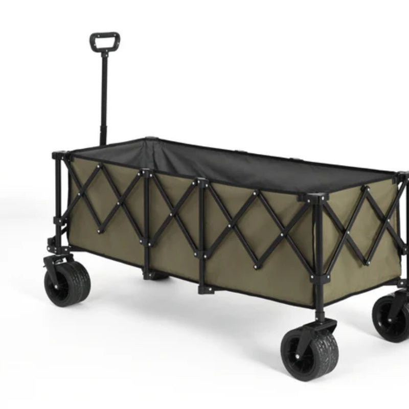 Foldable Extended Wagon with 220lbs Weight Capacity, Heavy Duty 300L Folding Utility Garden Cart with Big All-Terrain Beach Wheels & Drink Holders. -Army green-海智集-Default-