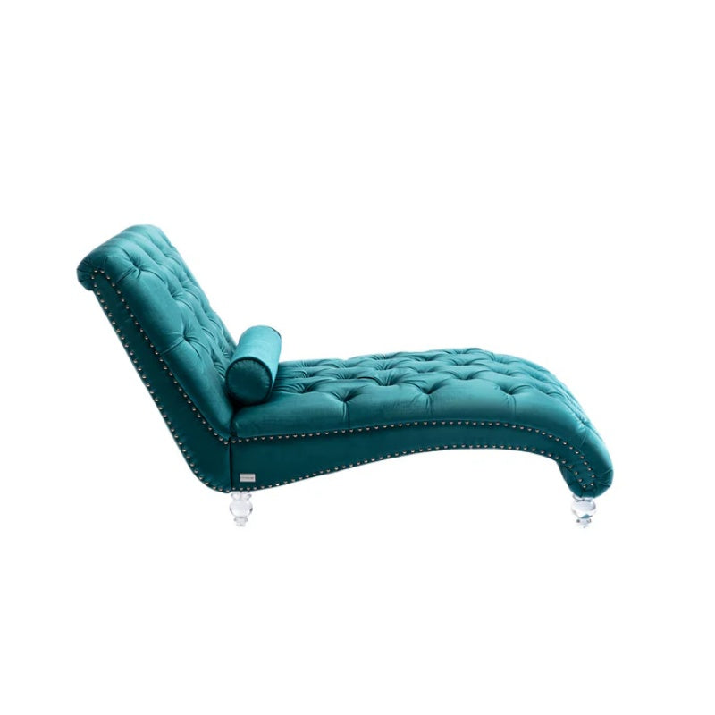 Velvet Chaise Lounge Indoor, Button-Tufted Upholstered Chaise Lounge Chair with Pillow, Teal Velvet, 63.38 inch-海智集-Default-