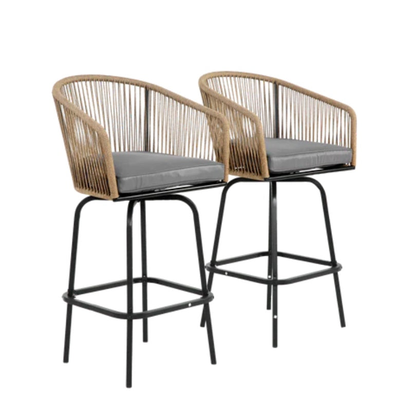 Outdoor Bar Stools Set of 2, 2-Piece Patio Bar Stools with Armrests, All Weather Rattan Bar Chairs with Backrest, Wicker Bar Stools for Backyard, Garden, Pool, Balcony and Deck- Gery-海智集-Default-