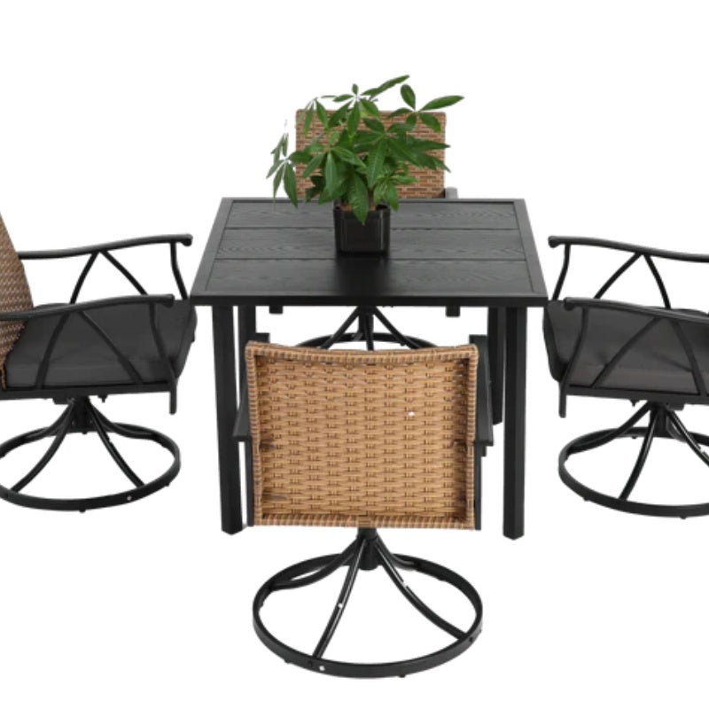 5 Piece Patio Dining Set for 4,Outdoor Wicker Furniture Set for Backyard Garden Deck Poolside with 4 Cushions Swivel Rocker Chairs,steel Table Top, Removable Cushions-海智集-Default-
