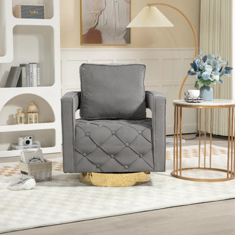 Swivel Accent Chair - Modern Accent Chair with Pillow, Velvet Armchair Side Chair with Tufted Button for Living Room, Bedroom, Office(Gray)-海智集-Default-