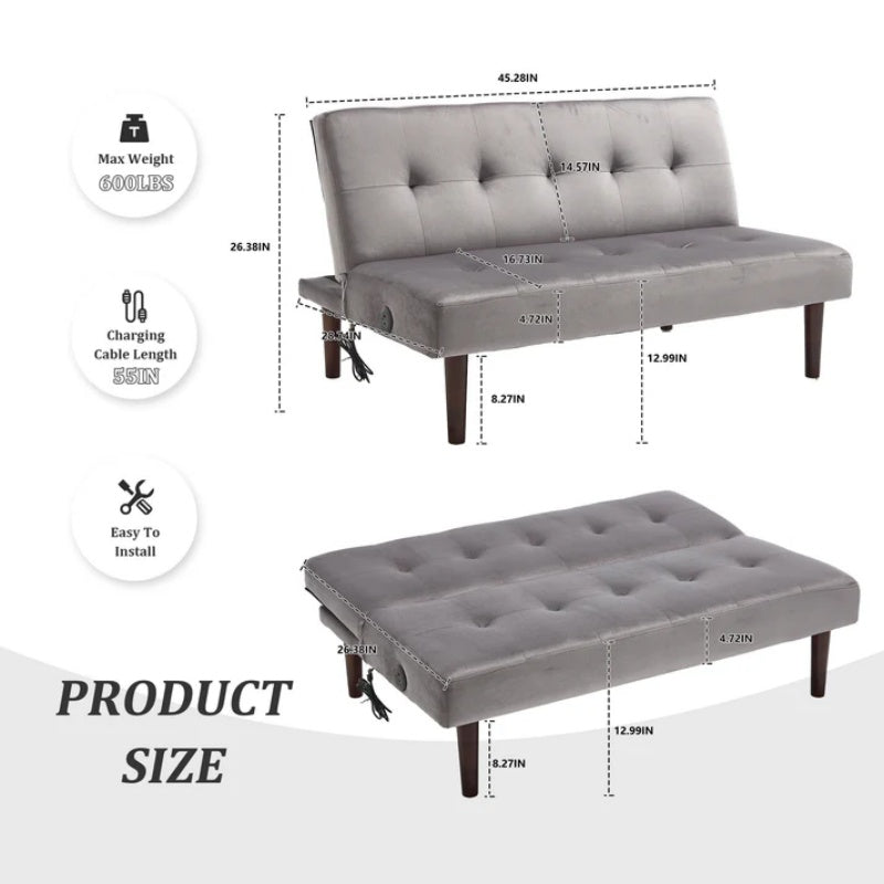 Foldable Fashion Sofa Bed High End Flannel Fabric Back Adjustable Sofa Recliner Futon, Modern Fashion Sofa with Charging Port, Suitable for Living Room Bedroom Office (Gray)-海智集-Default-