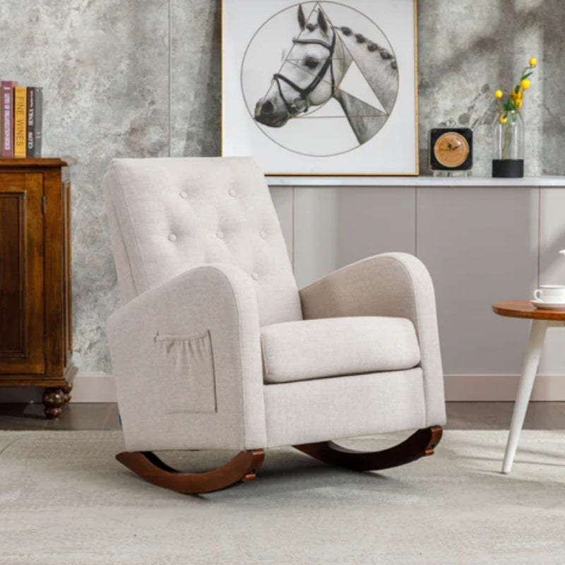 High Back Rocking Chair Nursery Chair .Comfortable Rocker Fabric Padded Seat .Modern High Back Armchair-海智集-Default-