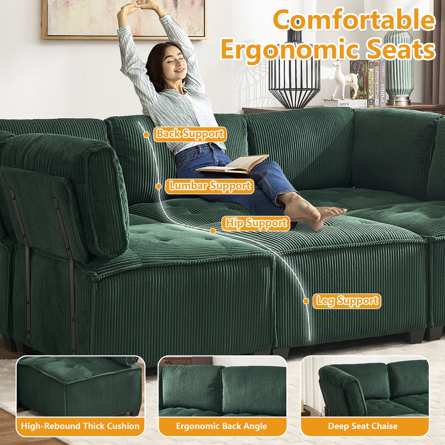 UNITED WE WIN Modular Sectional Sofa U Shaped Modular Couch with Reversible Chaise Modular Sofa Sectional Couch,6- Seat Convertible Sofa,Fit for Living Room-海智集-Default-