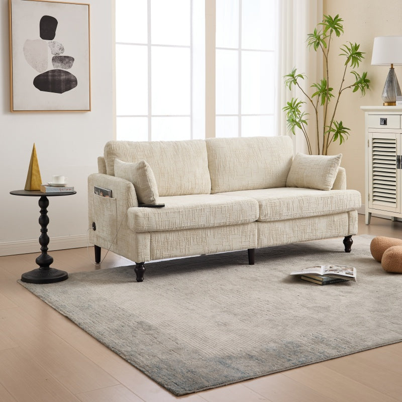 Modern Style Chenille 2-Seater Sofa with LED Light, USB Port, Storage Bag, Wood Legs-海智集-Default-