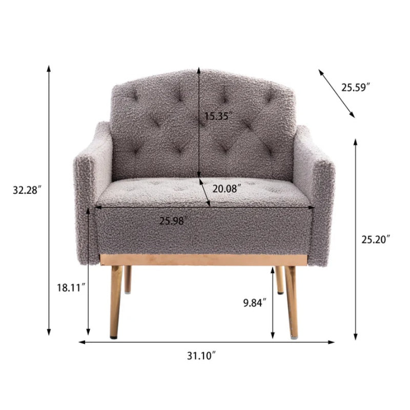 COOLMORE Modern Accent Chair with Arms, Tufted Decorative Fabric Armchair with Gold Metal Legs, Upholstered Reading Chair for Living Room Bedroom Office (Grey Teddy)-海智集-Default-