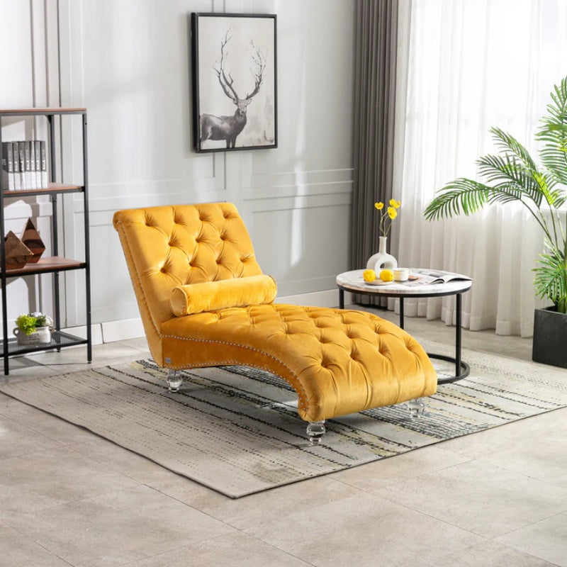 Velvet Button-Tufted Upholstered Chaise Lounge Chair with Pillow for Bedroom Living Room Office, Mustard-海智集-Default-
