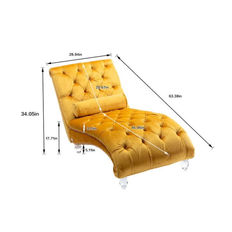 Velvet Button-Tufted Upholstered Chaise Lounge Chair with Pillow for Bedroom Living Room Office, Mustard-海智集-Default-
